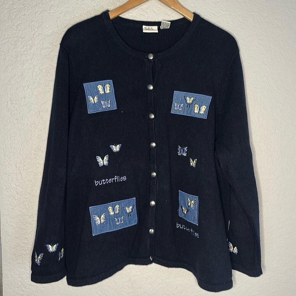 Vintage CJ Banks Butterfly Embroidered Cardigan Sweater Navy Blue Y2K Teacher